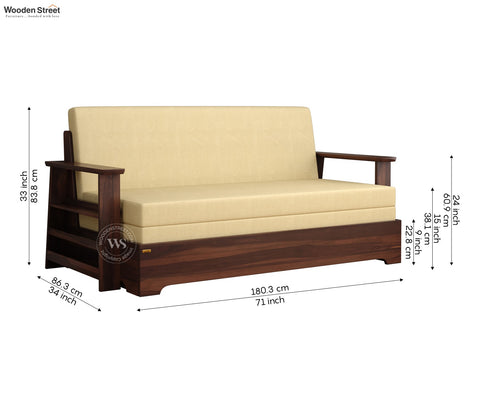 Della Sheesham Wood Sofa Cum Bed With Armrests (Walnut Irish Cream)