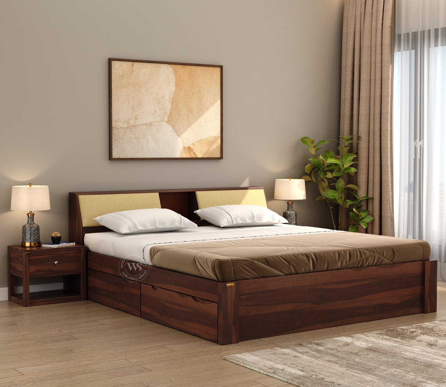 Walken Sheesham Wood Bed with Full Drawer Storage (King Size, Walnut Finish)