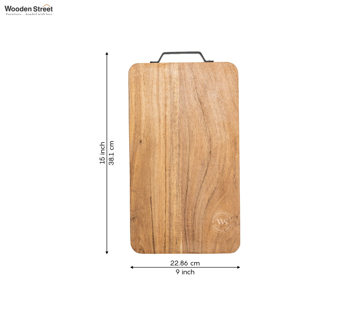 Turf Acacia Wood Handcrafted Non Slip Chopping Board With Metal Handle For Kitchen
