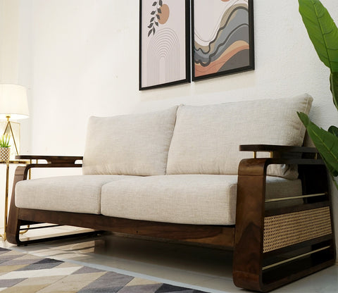Vedic 3+1+1 Sheesham Wood Sofa Set With Cane and Brass Detailing (Walnut Finish, Jade Ivory)