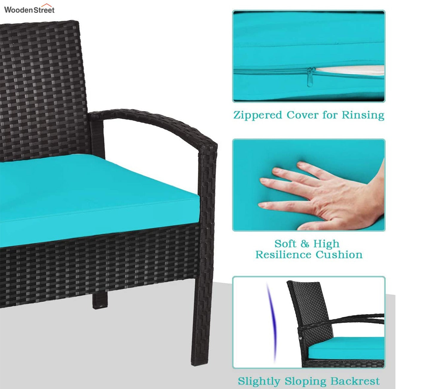 Black Rattan And Wicker 2 Seater Set With Table And Sky Blue Cushions