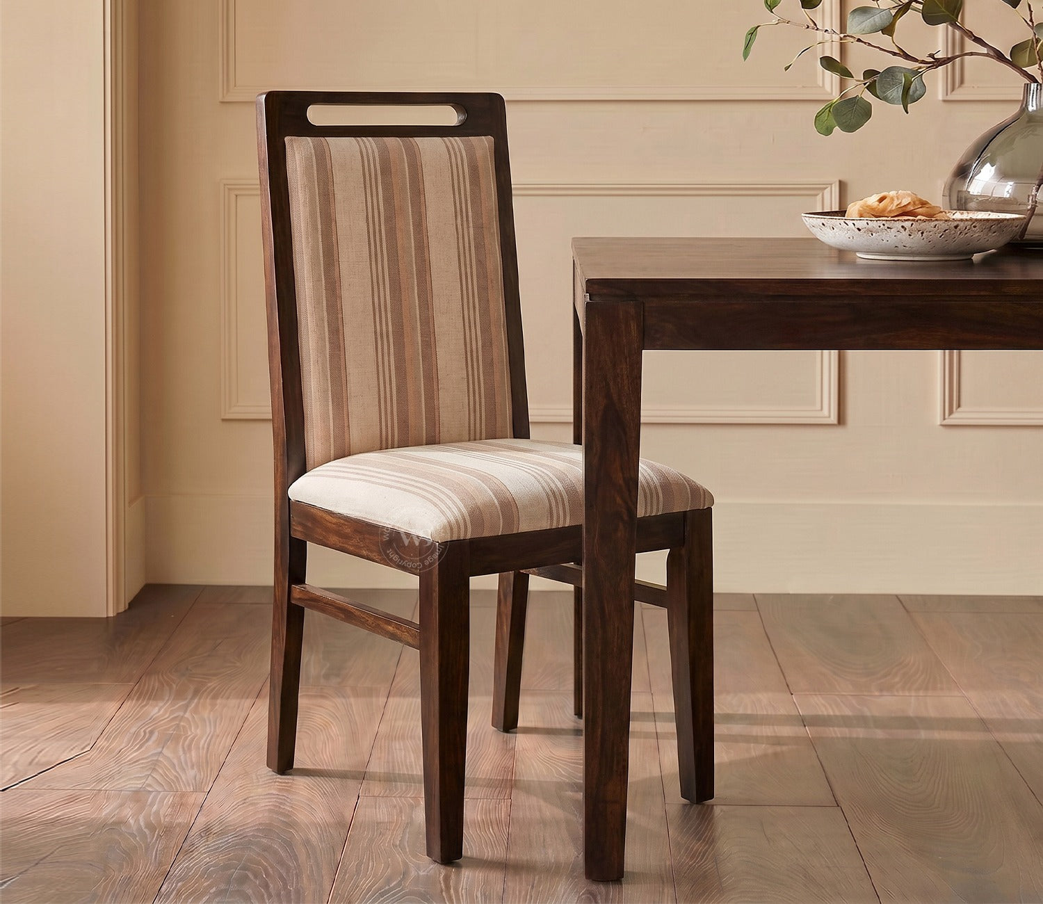 Hazel Sheesham Wood Premium Cotton Cushioned Dining Chair - Set of 2 (Cotton, Walnut Cream Stripe)
