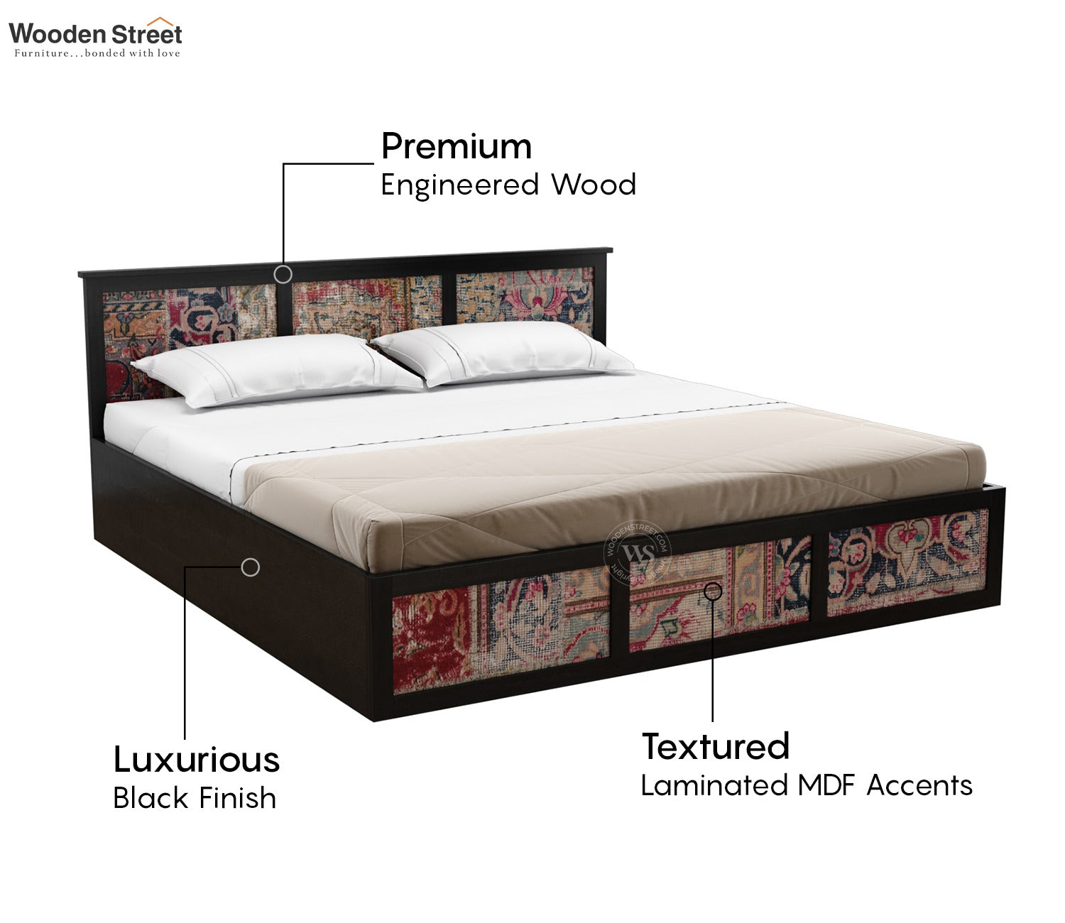 Orren Engineered Wood Bed with Laminated Textured Headboard & Footboard with Box Storage (Queen Size, Patchwork Multi)