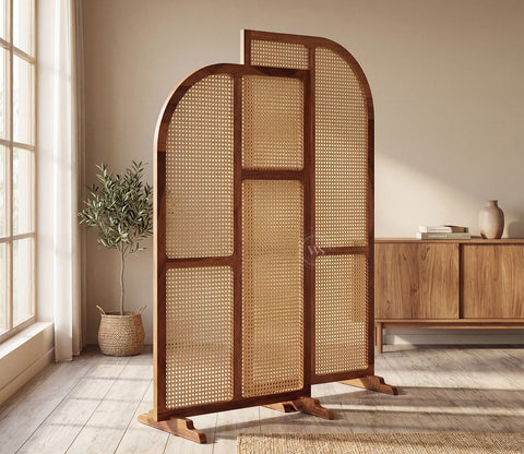 Aavaran Heritage Arch Sheesham Wood Room Divider with Luxury Cane Weave - Set of 2 Panels