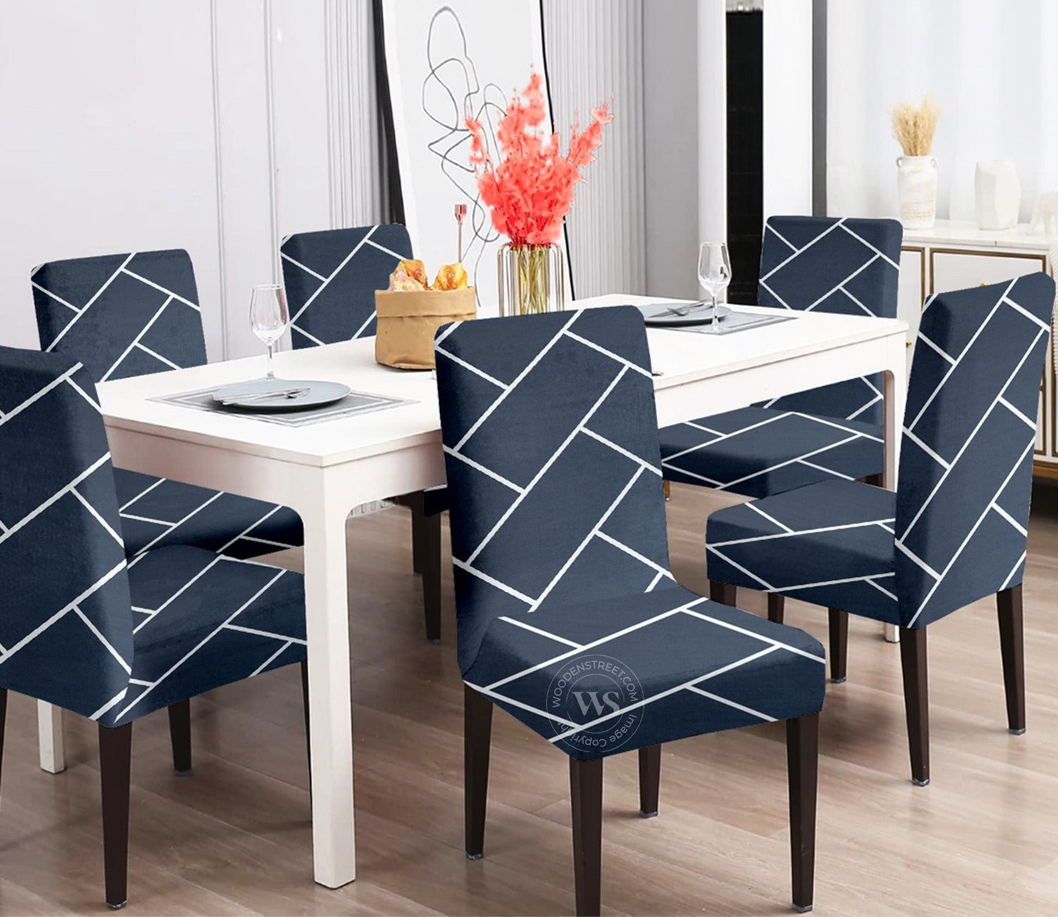 Looma Printed Polyester Spandex Chair Cover - Set of 6 (Indigo Blue)