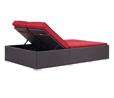 Dark Brown Big Patio Lounger With Red Cushions