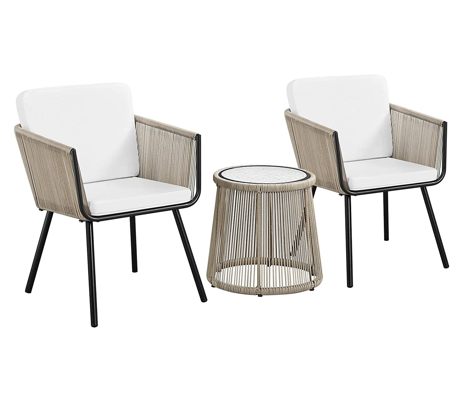 Beige Rope 2 Seater Chair Set With Table And White Cushions