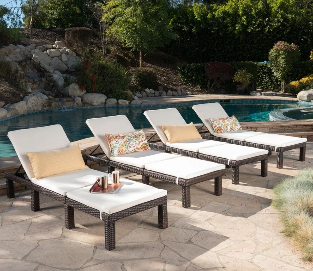 Dark Brown Adjustable Outdoor Lounger With White Cushions (Set Of 4)