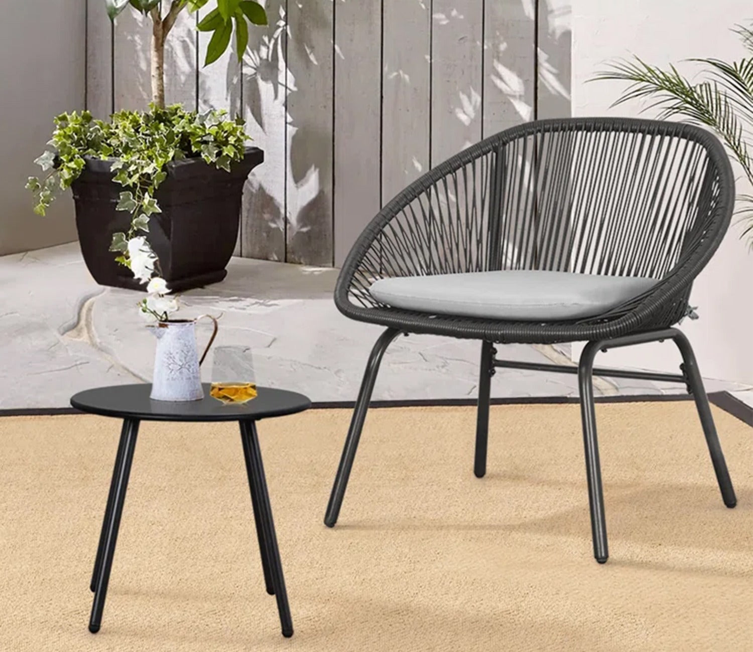 Black Rope 2 Seater Chair With Table And Grey Cushions Patio Set