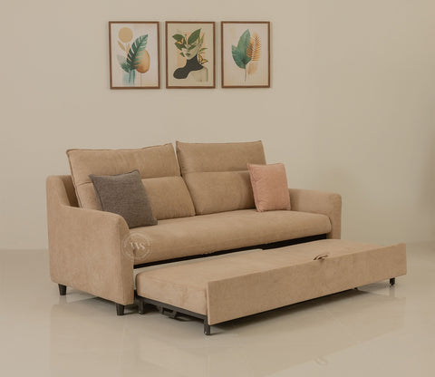 Tevo 3-Seater Sofa Cum Bed | Pull-Out Bed Mechanism | Fabric Upholstery (Beige)