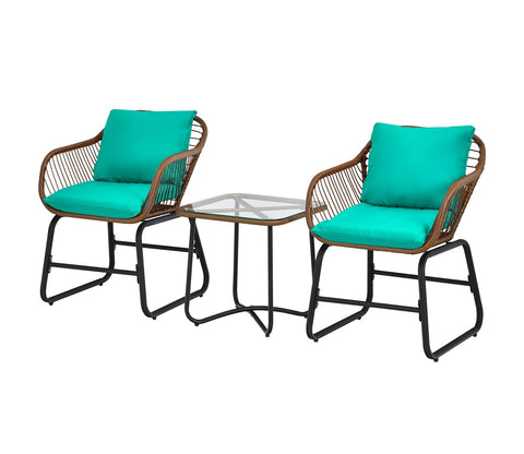 Dark Brown Rattan And Wicker 2 Seater Chair With Table And Robin Blue Cushions Balcony Set