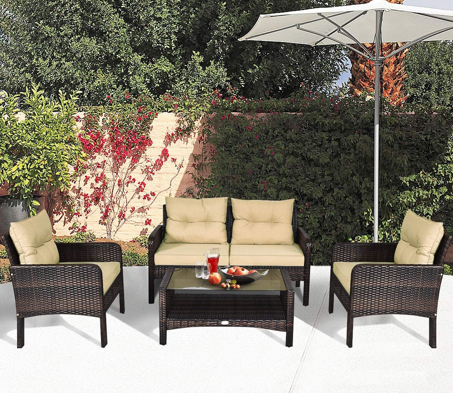 Dark Brown Rattan And Wicker Sofa Patio Set With Cream Cushions And Table