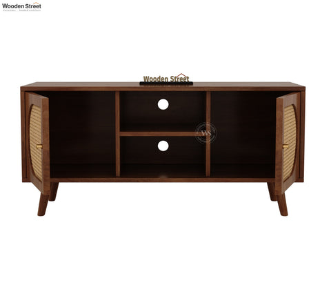 Astorio Premium Solid Wood TV Unit With Cane Door Cabinets & Open Shelves (Mango Wood, Honey Finish)