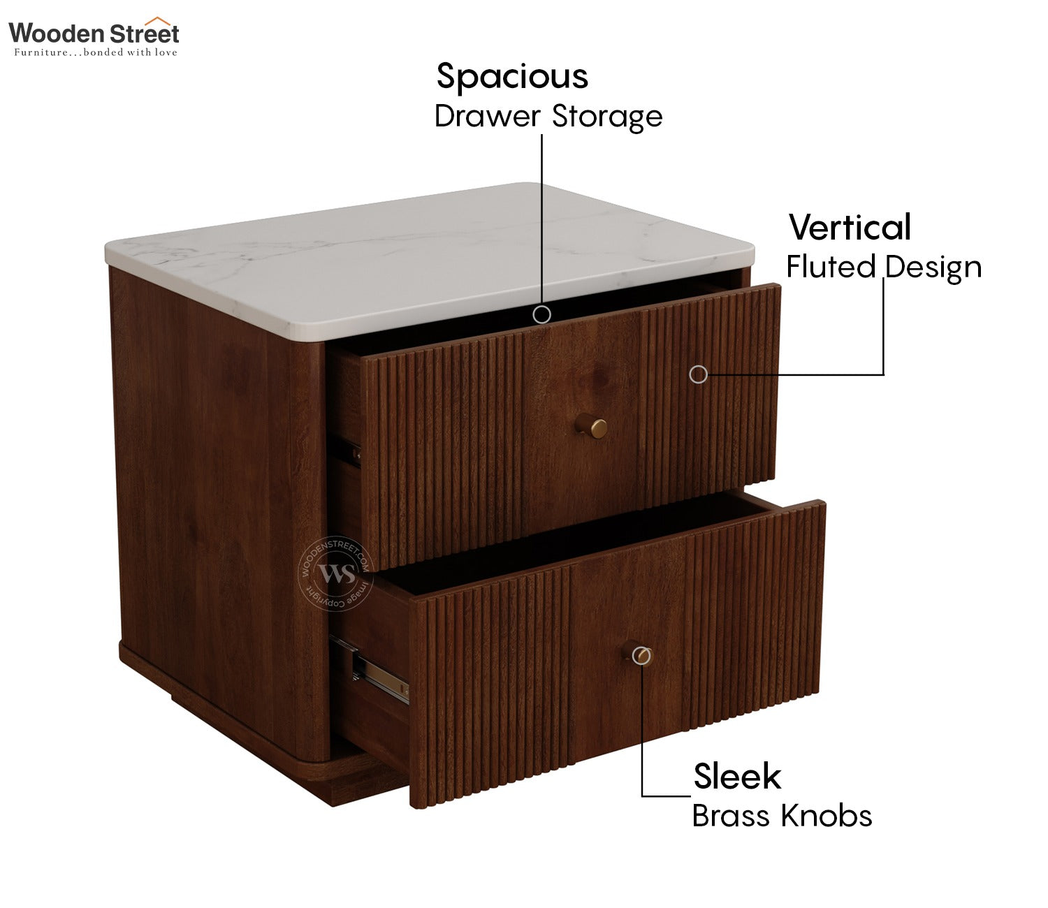 Kesarth Mango Wood Bedside Table with Marble Top & Storage (Teak Finish)