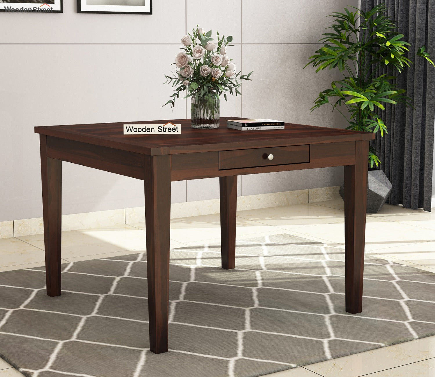 Mcbeth 4 Seater Dining Table With Storage (Walnut Finish)
