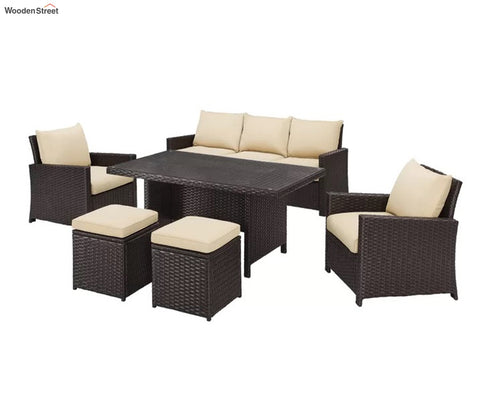 Dark Brown Rattan And Wicker 7 Seater Set With Table And Cream Cushions