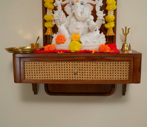Shoonya Sheesham Wood Home Temple with Brass Detailing and Cane Accents (Teak Finish)
