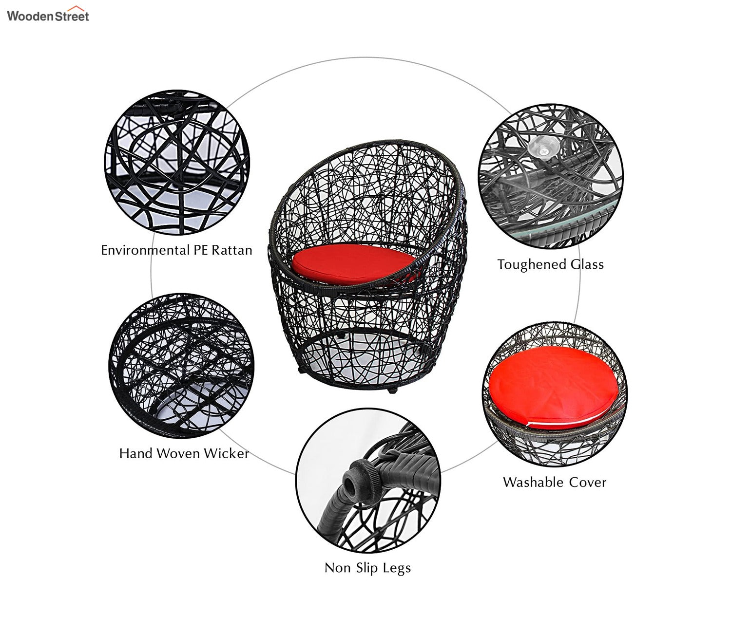 Black Rattan And Wicker 2 Seater Set With Table And Red Cushions