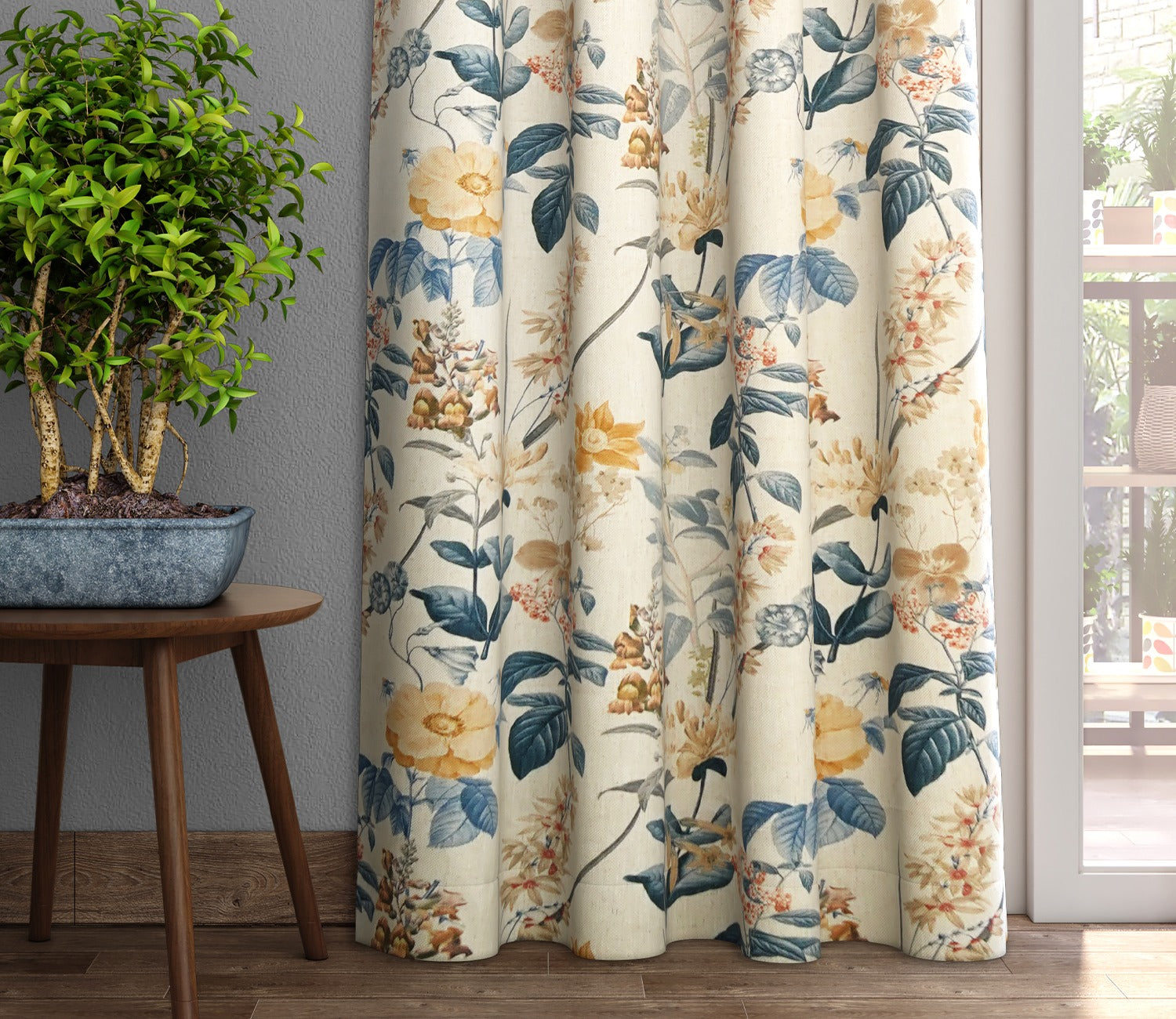 Leafy Floral Print 1 Piece Light-Filtering Curtain (Blue, 7 Feet)