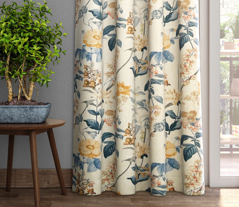 Leafy Floral Print 1 Piece Light-Filtering Curtain (Blue, 7 Feet)