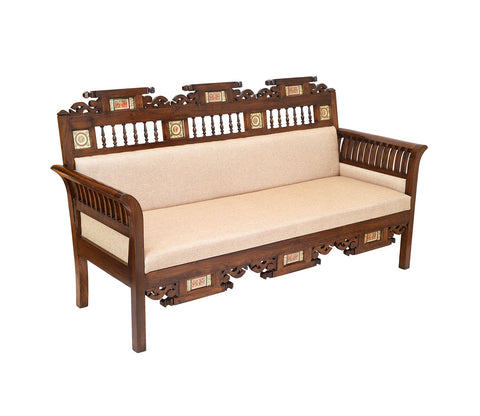 Maharaja-1 Three Seater Sofa in Teakwood with Walnut Finish adorned with Dhokra Brass Frames
