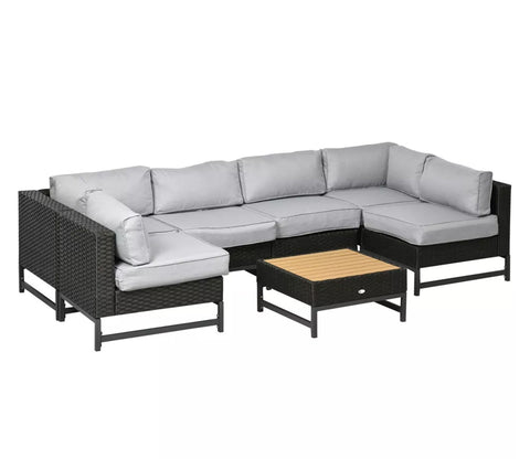 Black Rattan And Wicker 6 Seater Sofa Set With Table And Grey Cushions