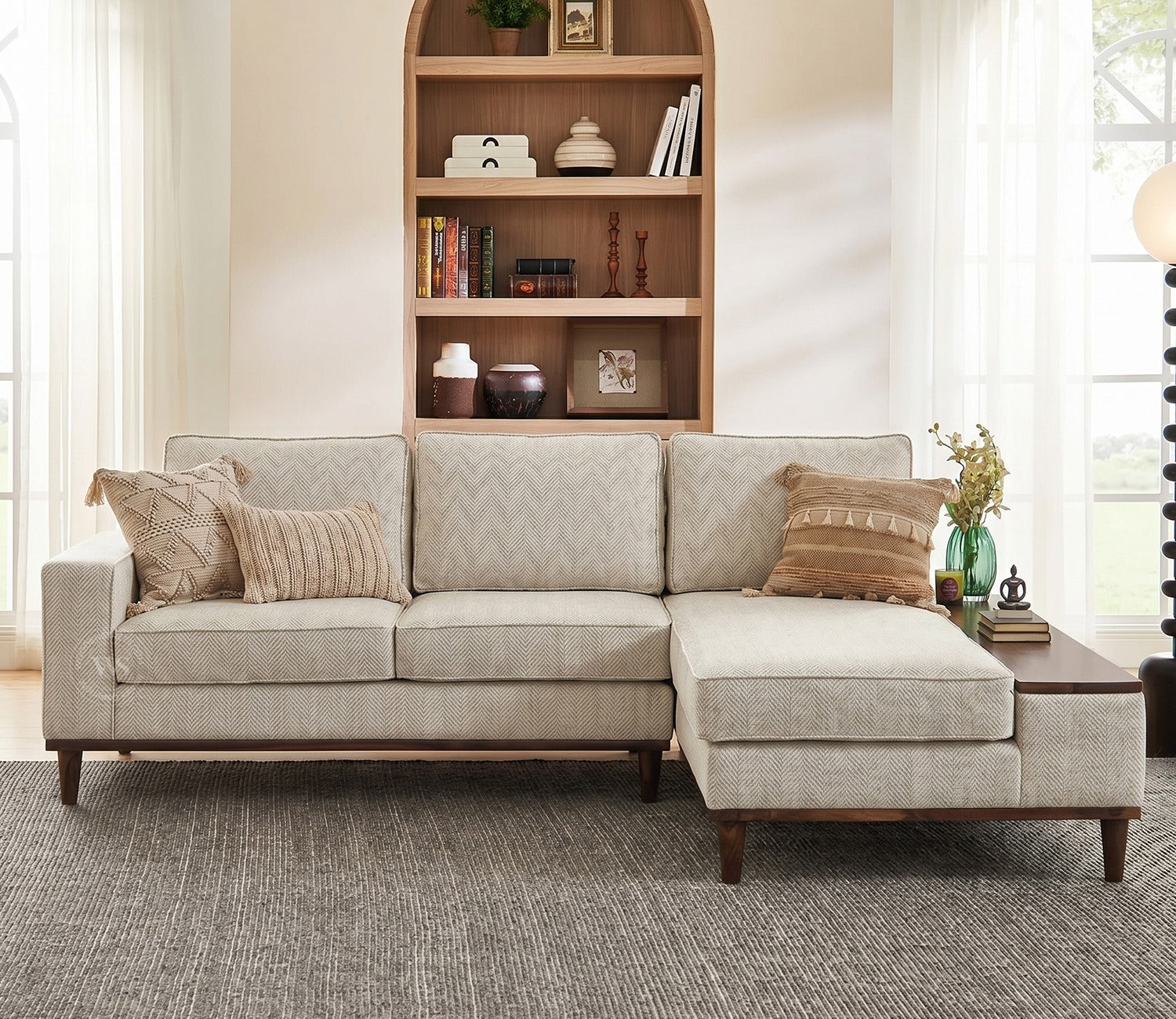 Ashion Premium Right Aligned L Shape Sofa with Built-in Side Wooden Deck (Cottage Ivory)