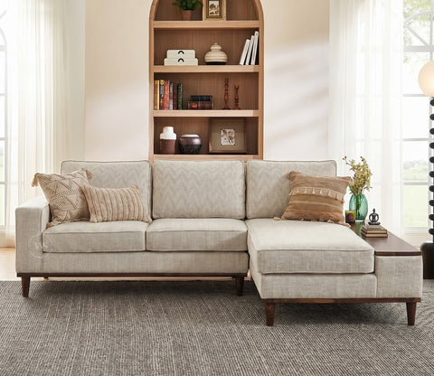 Ashion Premium Right Aligned L Shape Sofa with Built-in Side Wooden Deck (Cottage Ivory)