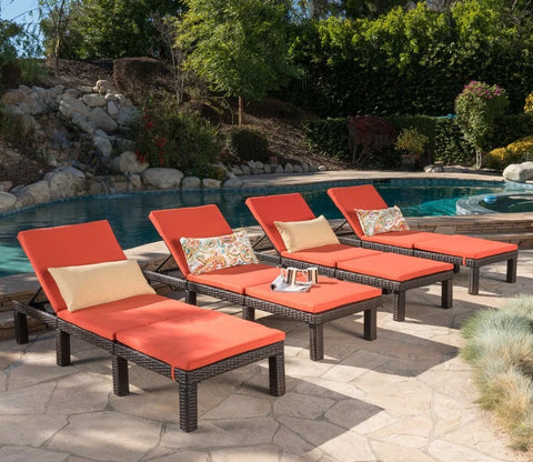 Dark Brown Adjustable Outdoor Lounger With Orange Cushions (Set Of 4)
