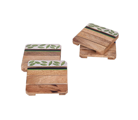 Minty Leaves Hand Painted Coasters Set Of 4