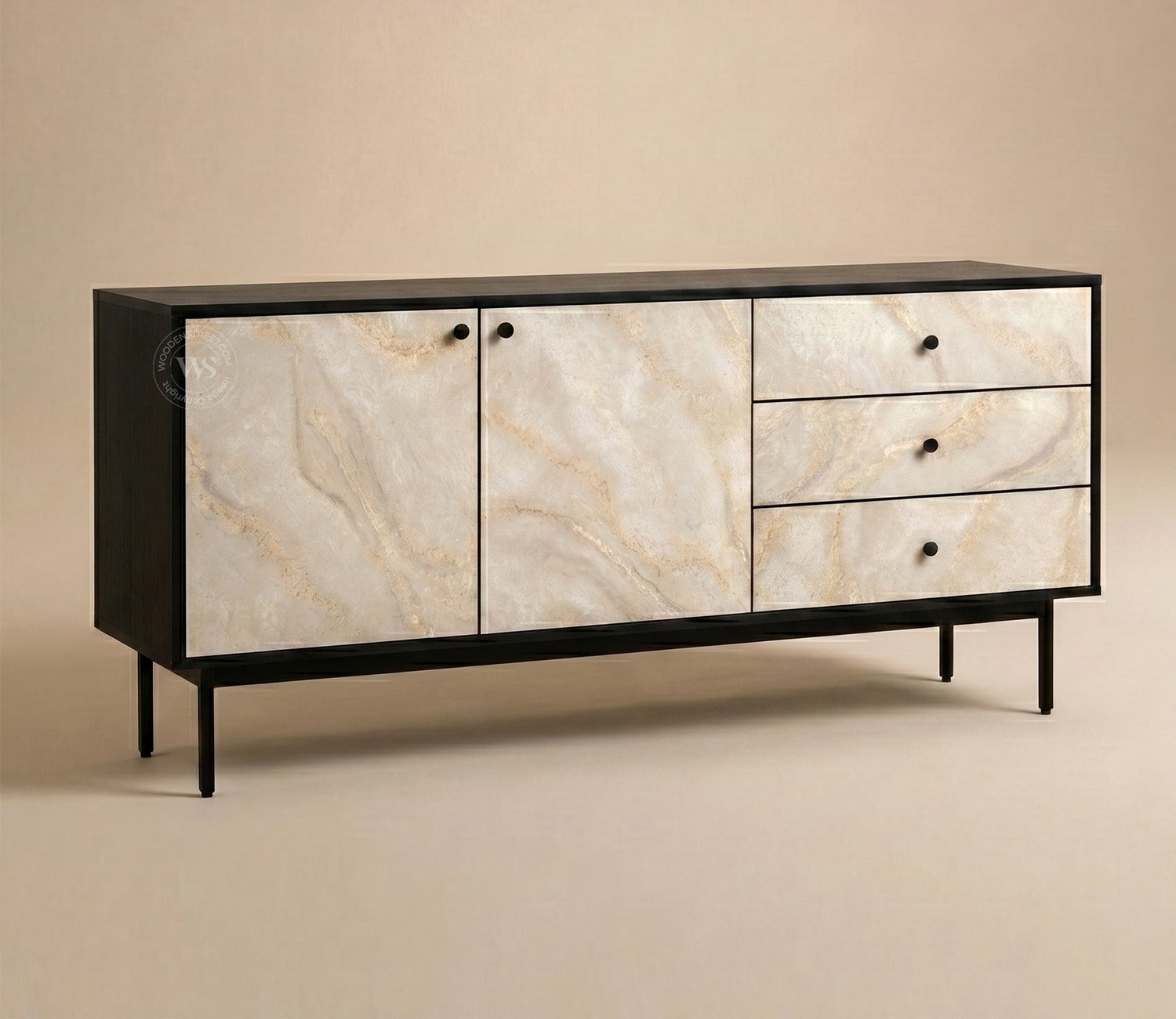 Marbay Modern Black Sideboard & Cabinet with Textured Front & Metal Base (Engineered Wood, Marble Pattern)