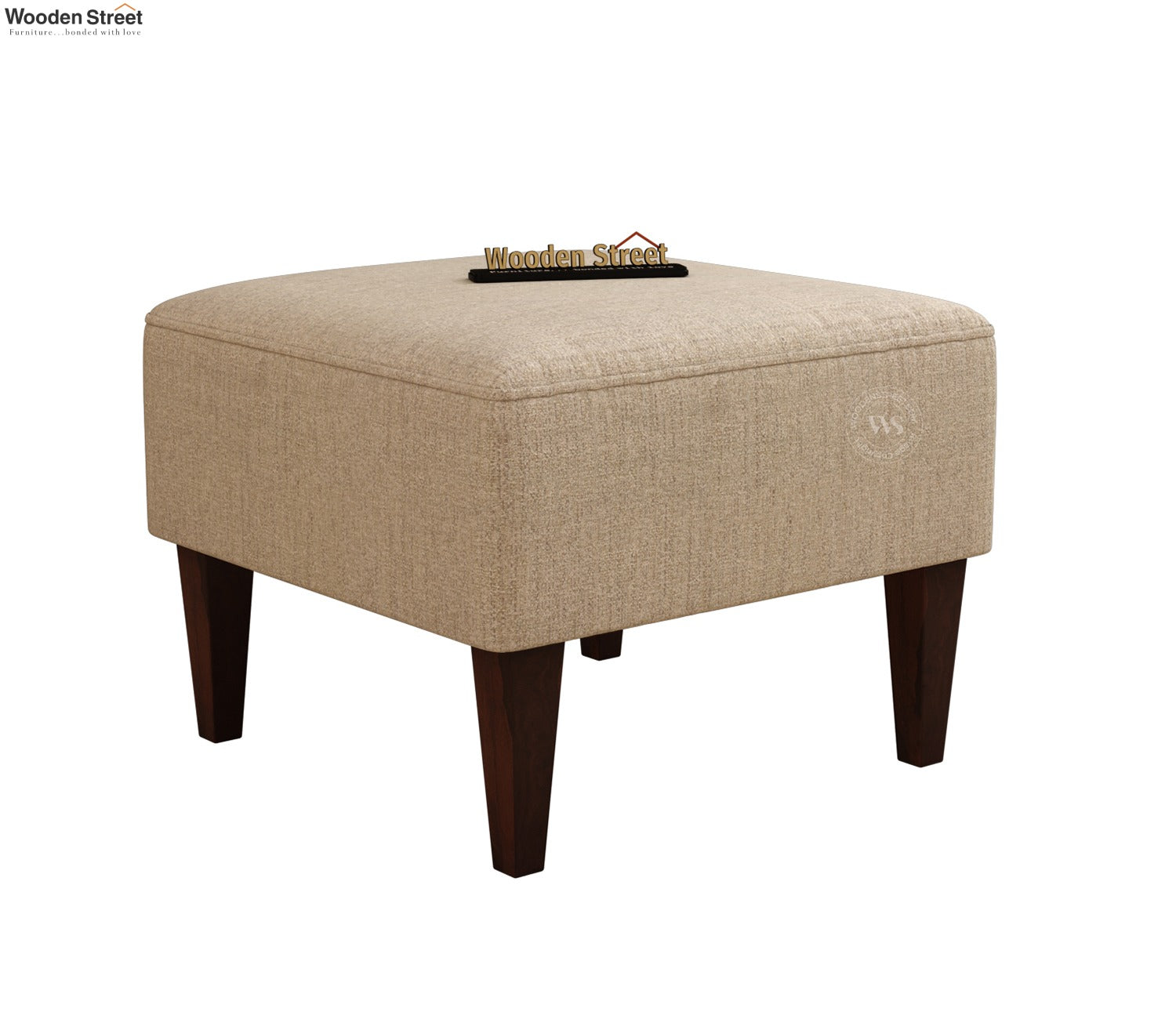 Minerva Premium Upholstered Ottoman Stool With Wooden Legs (Jade Ivory, Walnut Finish)