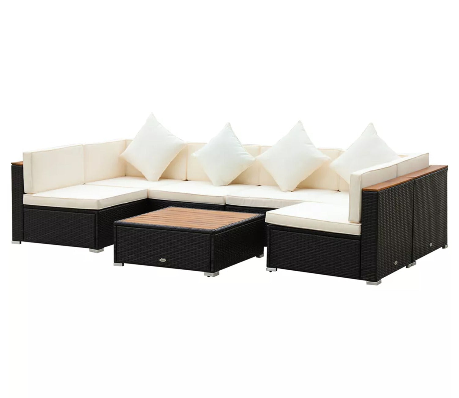 Black Rattan And Wicker 6 Seater Patio Set With Table And Cream Cushions