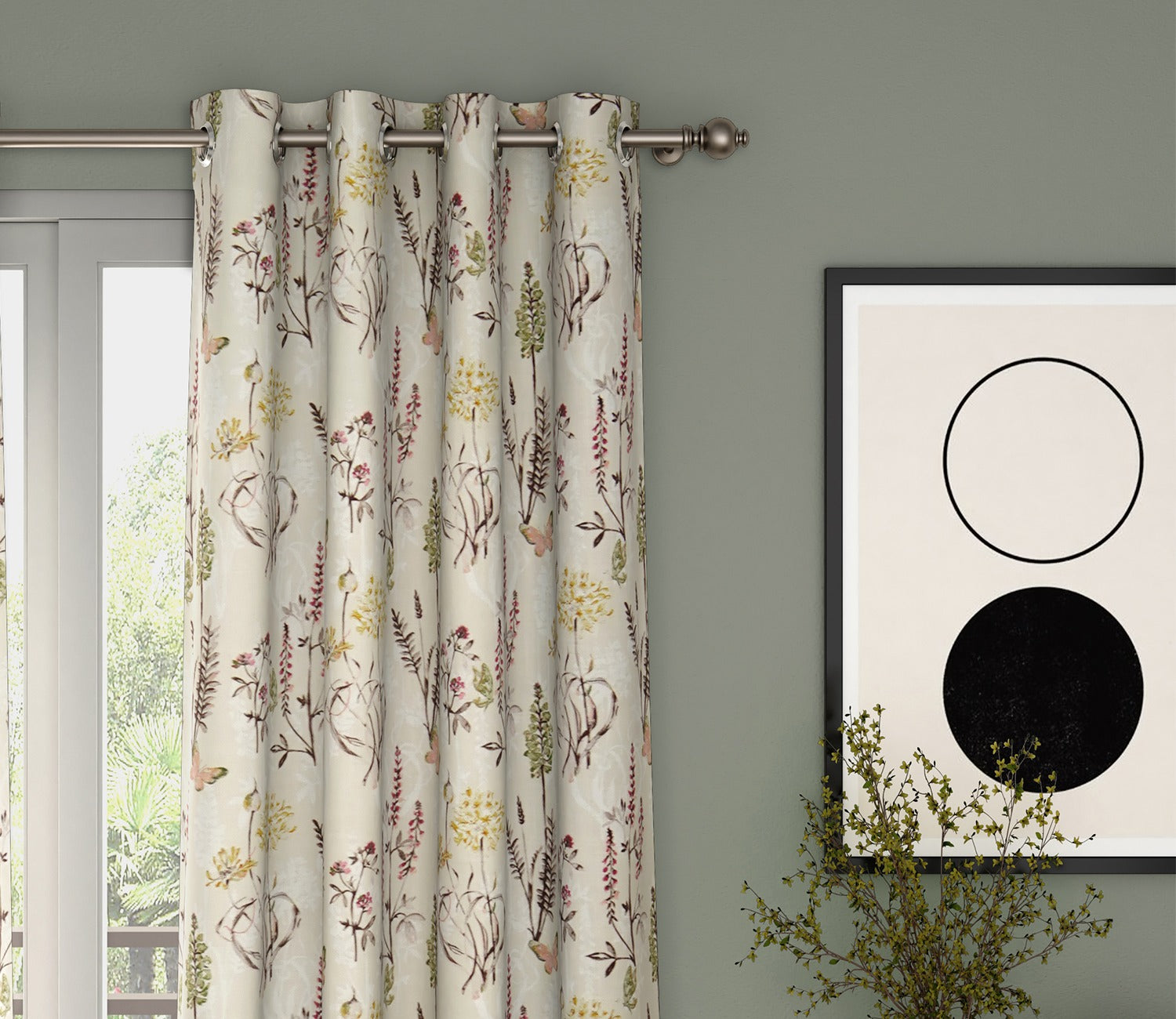 Beige Botanic Mist Floral Print Light-Filtering Door Curtains Set of 2 (Beige, 7 Feet)
