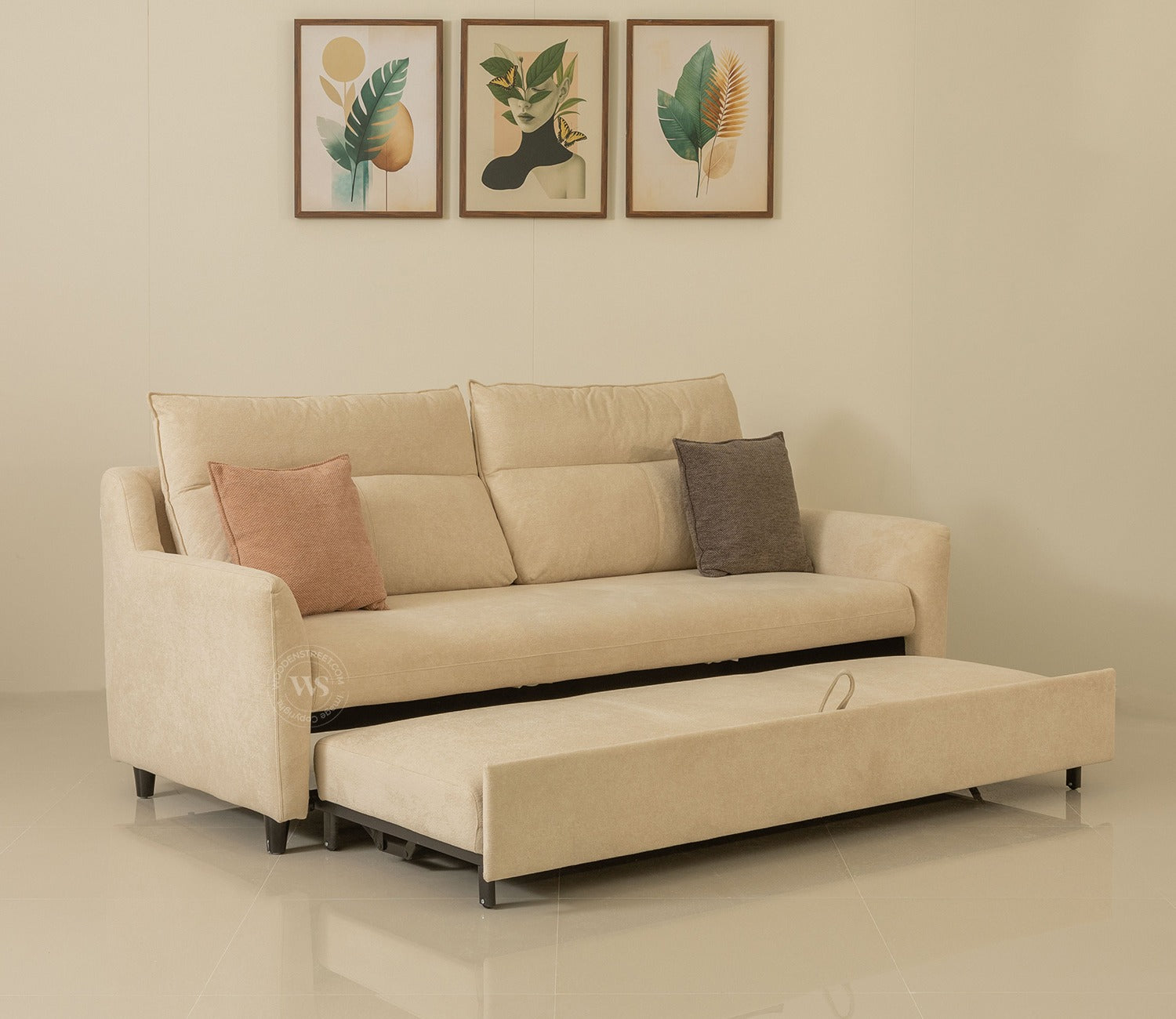 Tevo 3-Seater Sofa Cum Bed | Pull-Out Bed Mechanism | Fabric Upholstery (Off White)