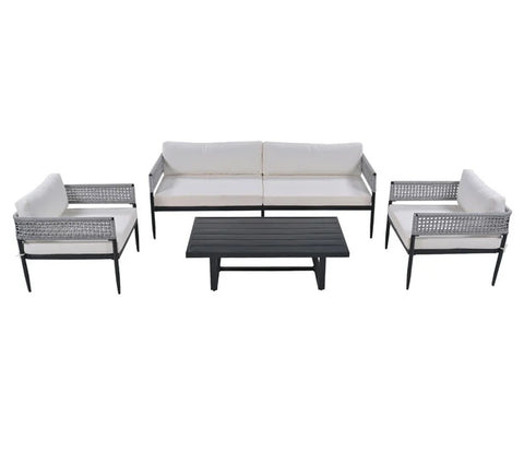 Grey Rope 4 Seater Sofa Set With Table And Cream Color Cushions