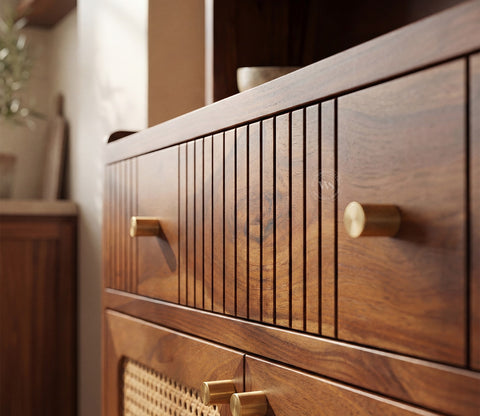 Sanchay Classic Kitchen Cabinet with Fluted Glass, Cane Weave & Brass Knobs (Teak Finish)