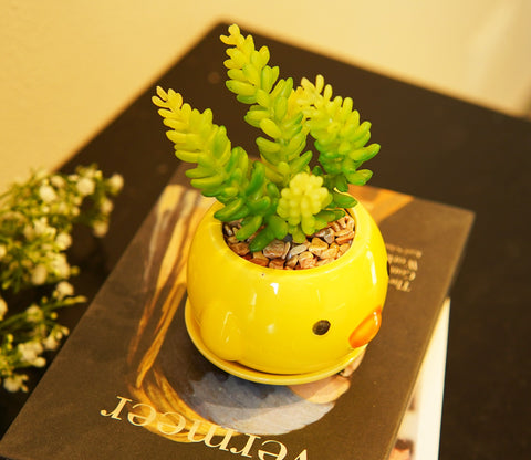 Whimsy Ceramic Enamel Pot With Artificial Flowers (Yellow)