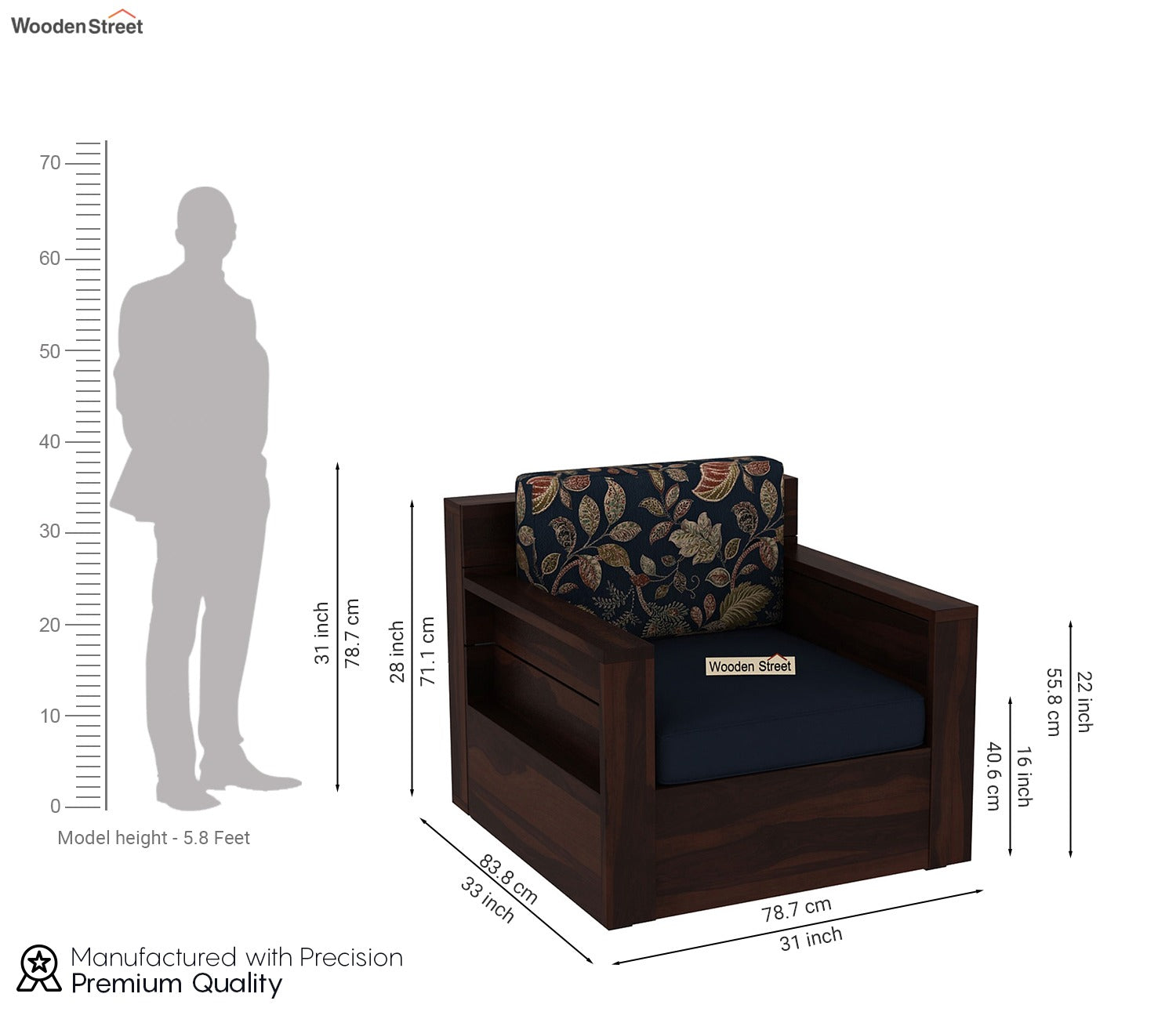 Marriott 1 Seater Wooden Sofa (Walnut Indigo Dusky Leaf )