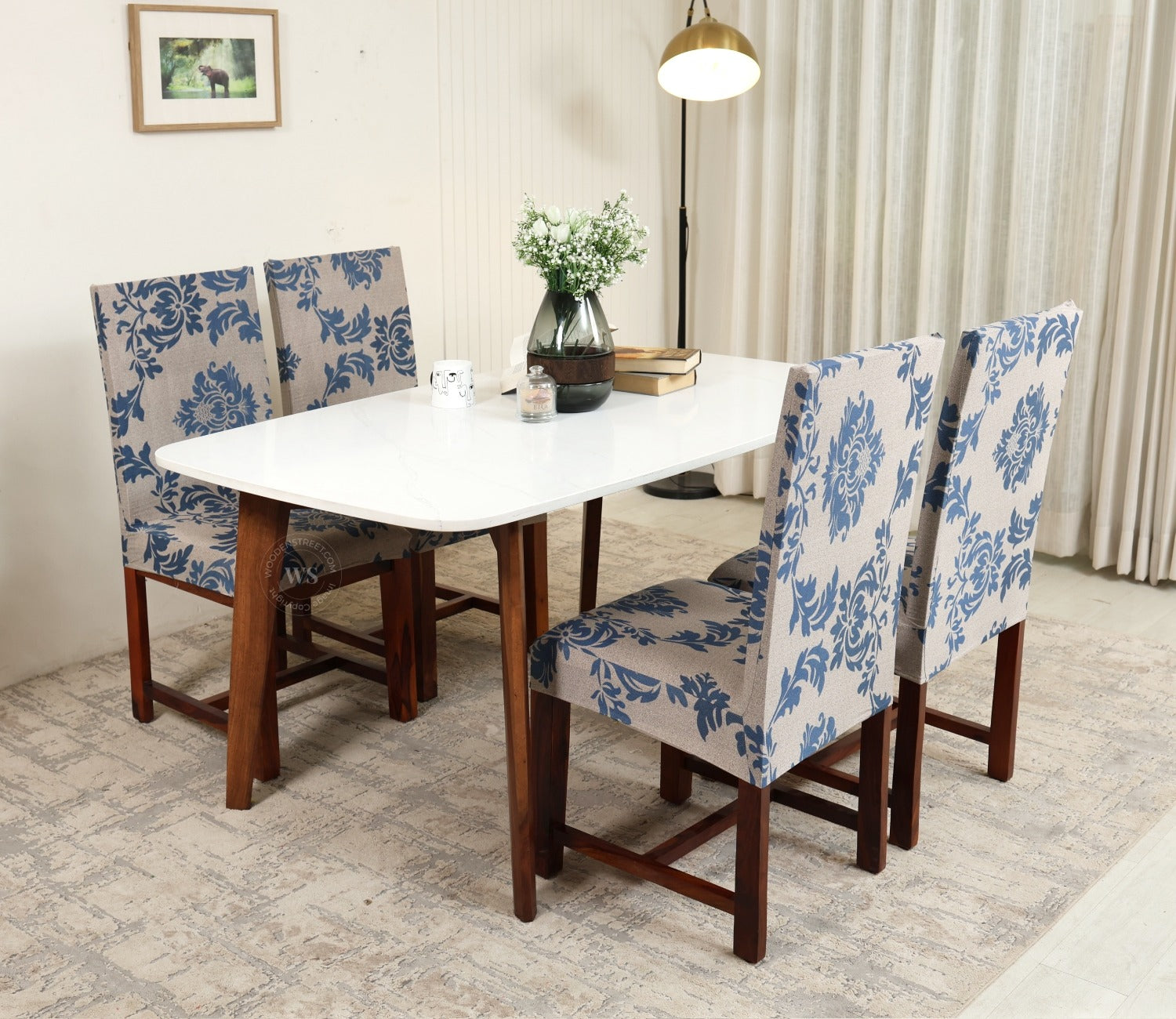 Grace Stretchable Floral Printed Polyester Spandex Dining Chair Cover Set Of 4 (Blue)