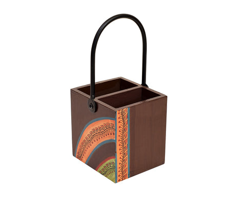 Floral Pattern Handcrafted Wooden Cutlery Stand with Iron Handle