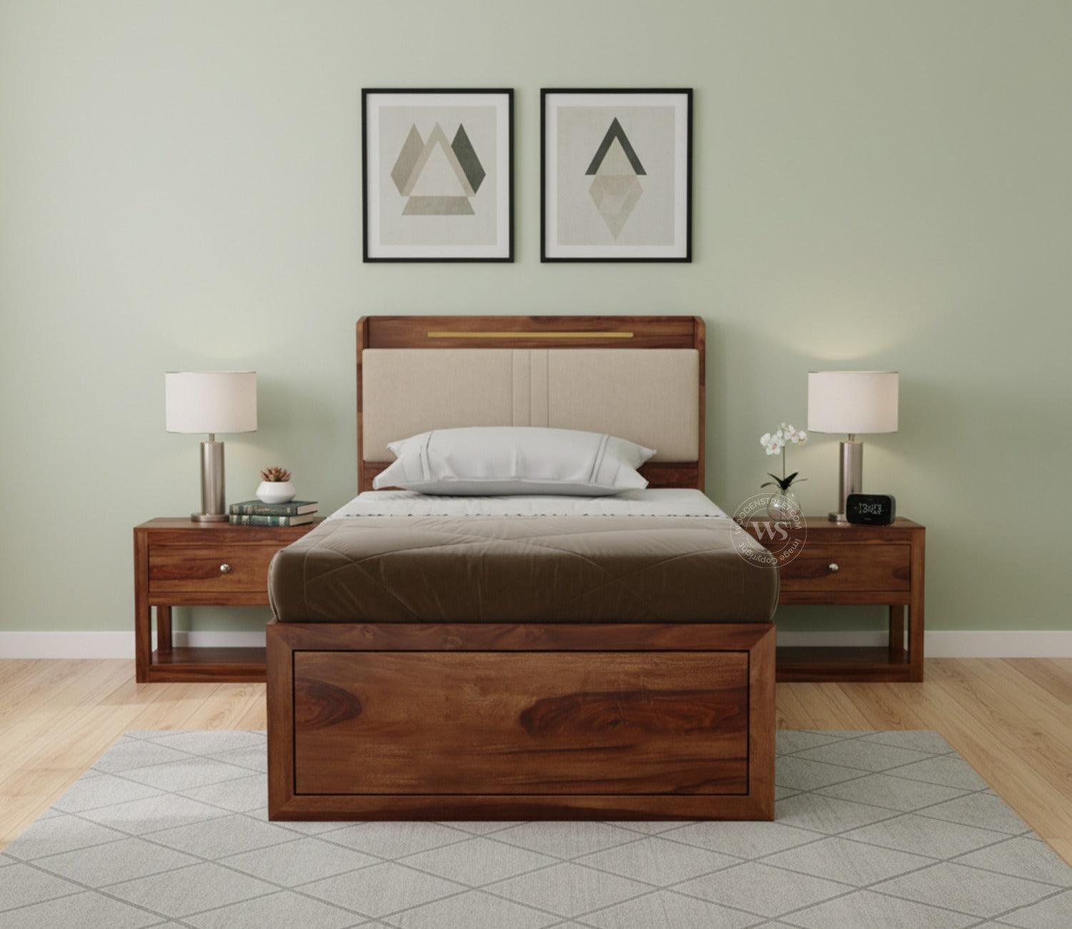 Wildon Premium Sheesham Wood Bed with Cushioned Headboard and Drawer Storage (Single Size, Teak Finish)