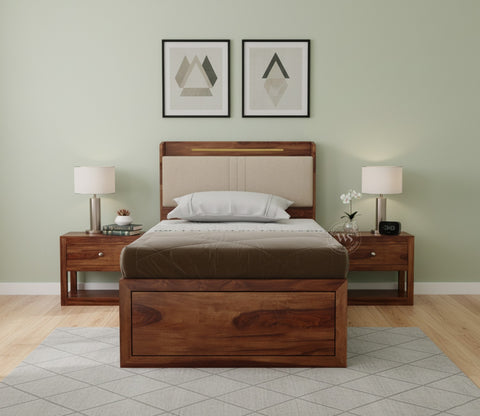 Wildon Premium Sheesham Wood Bed with Cushioned Headboard and Drawer Storage (Single Size, Teak Finish)