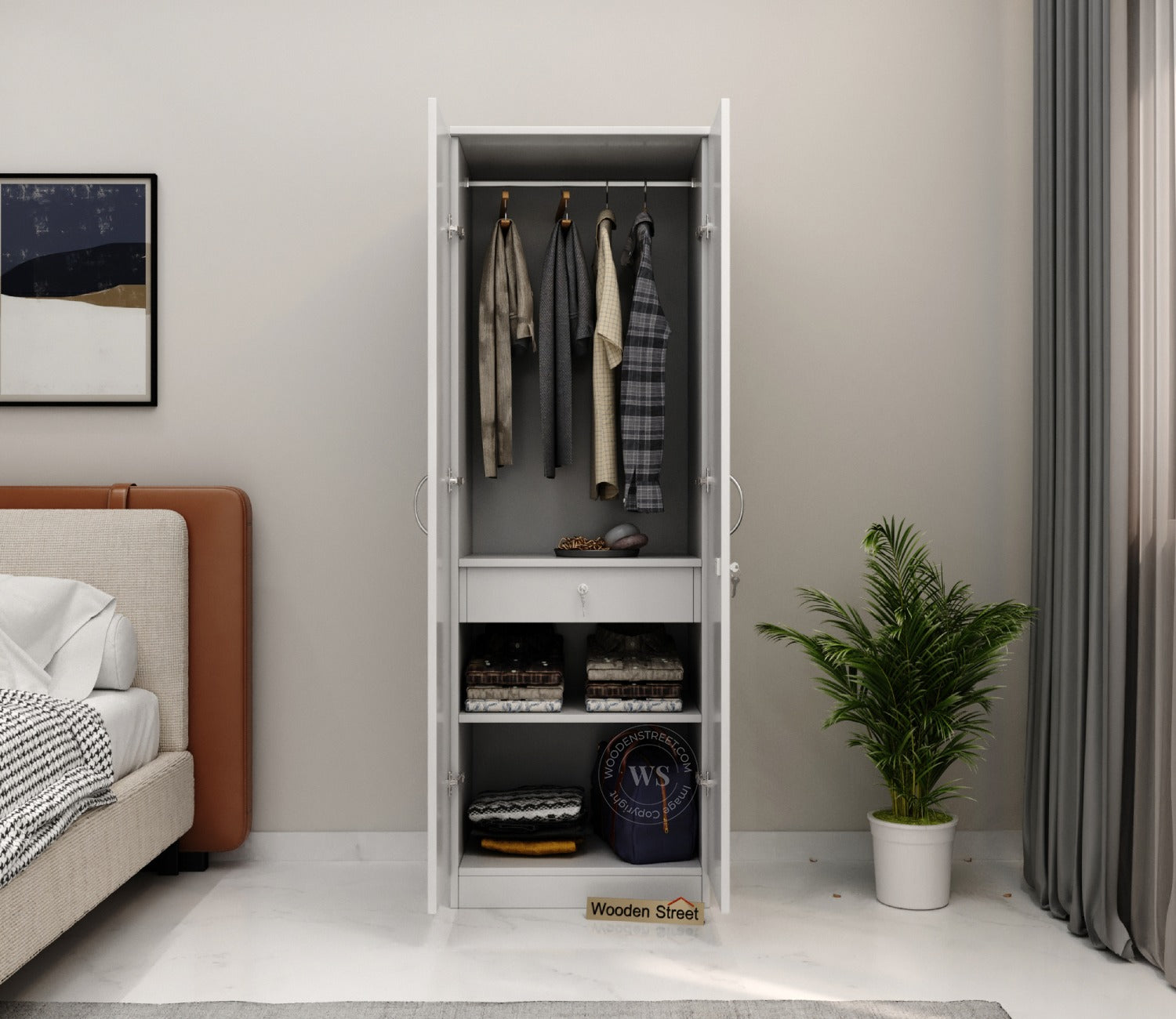 Lillian 2 Door Wardrobe with Drawer Storage and Hanging Rod (Frosty White Finish)