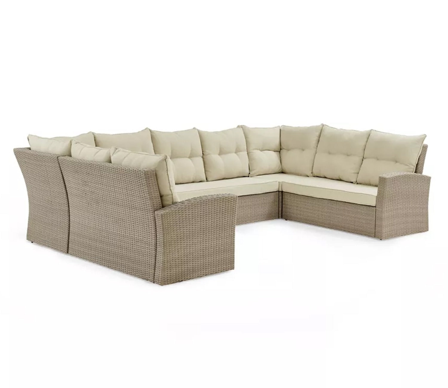 Beige Rattan And Wicker Patio Set With Table And Off White Cushions