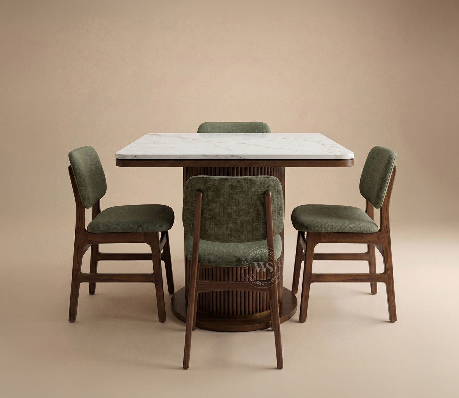Samanvi 4 Seater Sheesham Wood Dining Table Set with Saumik Marble Top Table and Vinara Chair (Sage Green)