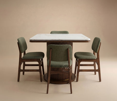 Samanvi 4 Seater Sheesham Wood Dining Table Set with Saumik Marble Top Table and Vinara Chair (Sage Green)