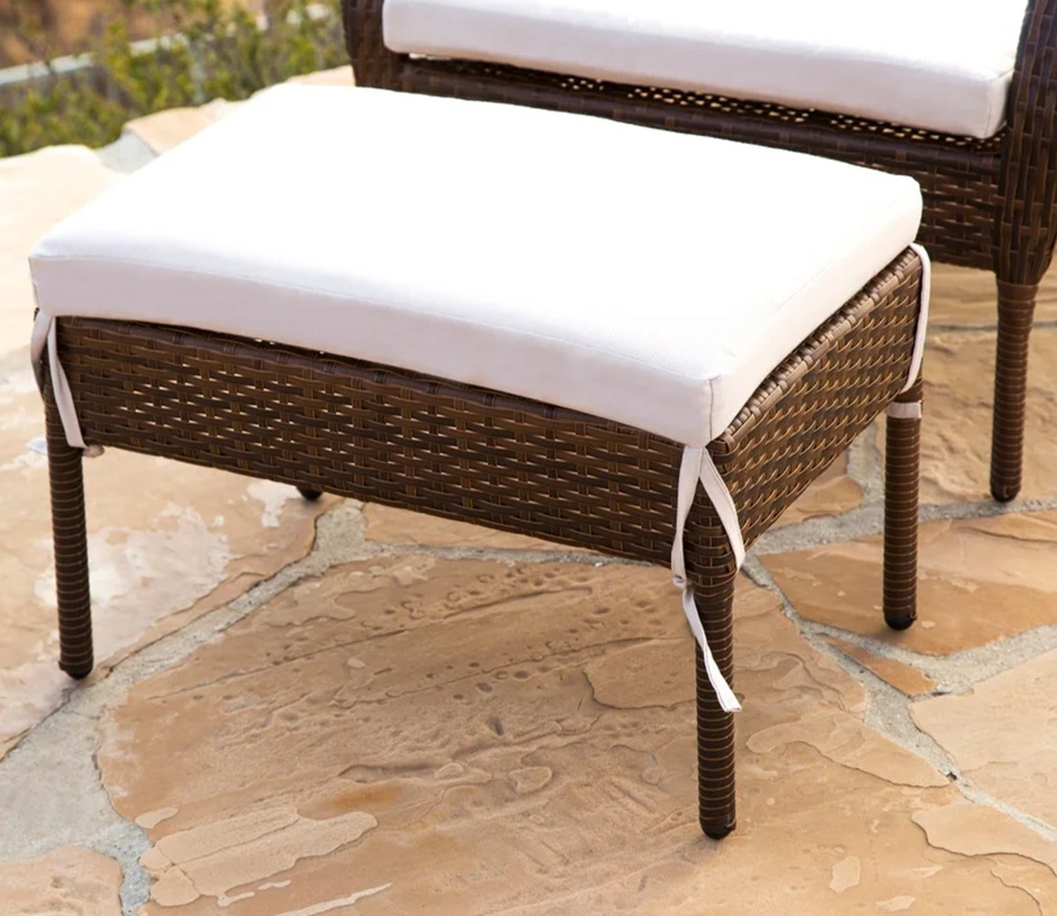 Dark Brown Adjustable Outdoor Patio Lounger With White Cushions And Table