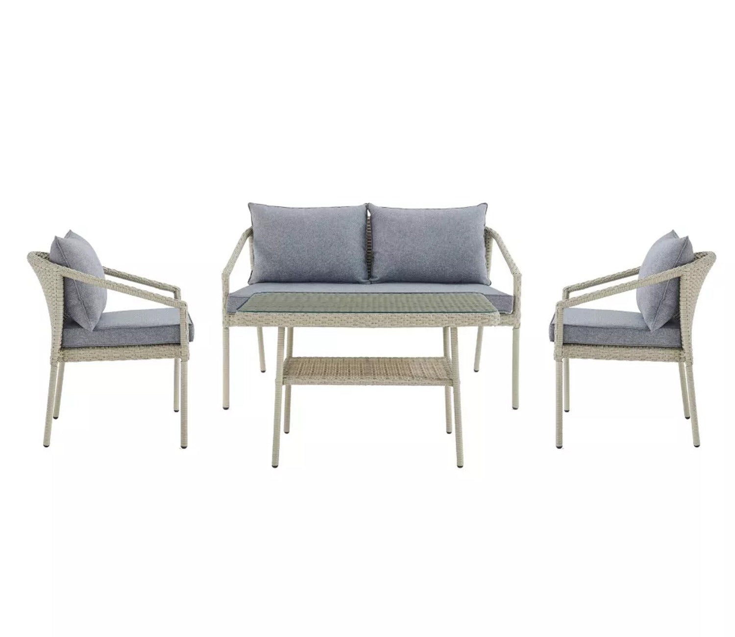 Silver Grey Rattan And Wicker 4 Seater Patio Set With Table And Grey Cushions