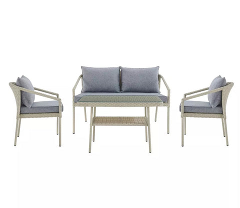 Silver Grey Rattan And Wicker 4 Seater Patio Set With Table And Grey Cushions